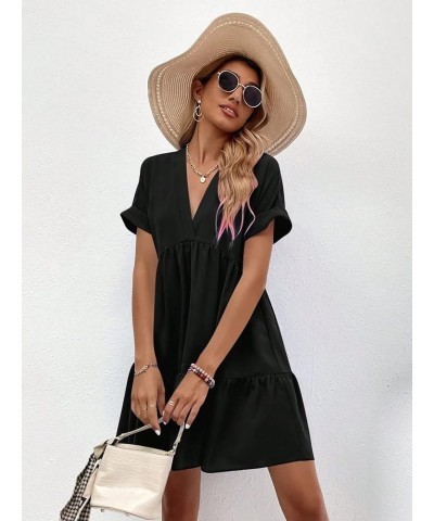 Women's Roll Up Short Sleeve V Neck Ruffle Hem Solid Swing Smock Dress Black a $19.78 Dresses