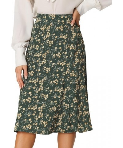 Women's Floral Midi Skirt Peasant Elastic Waist A-Line Ditsy Leave Print Skirts Dark Green $15.89 Skirts