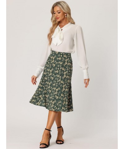 Women's Floral Midi Skirt Peasant Elastic Waist A-Line Ditsy Leave Print Skirts Dark Green $15.89 Skirts