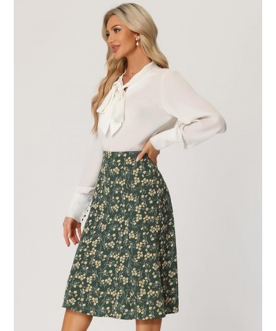 Women's Floral Midi Skirt Peasant Elastic Waist A-Line Ditsy Leave Print Skirts Dark Green $15.89 Skirts