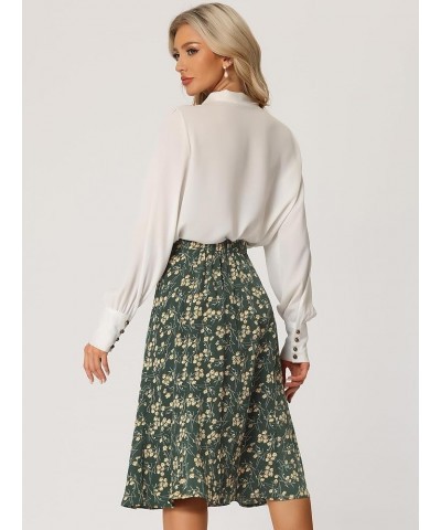 Women's Floral Midi Skirt Peasant Elastic Waist A-Line Ditsy Leave Print Skirts Dark Green $15.89 Skirts