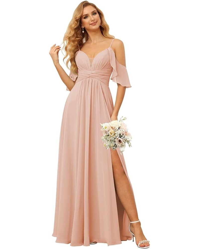 Off The Shoulder Chiffon Bridesmaid Dress with Slit A Line Empire Waist Pleats Bridesmaid Dress Long for Women RS036 Blush Pi...