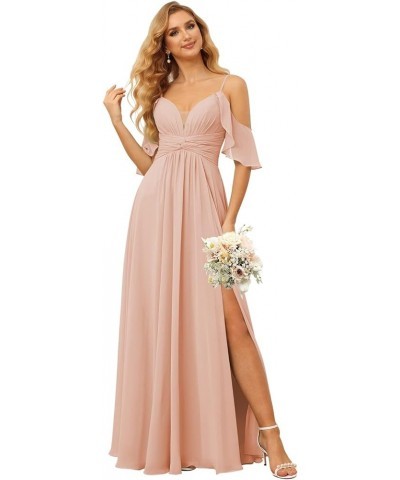 Off The Shoulder Chiffon Bridesmaid Dress with Slit A Line Empire Waist Pleats Bridesmaid Dress Long for Women RS036 Blush Pi...