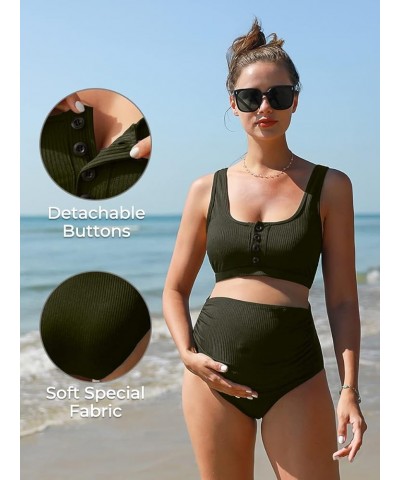 Maternity Ribbed High Waist Swimsuit Crop Top Bikini Bathing Suit High Cut Two Piece Pregnancy Swimwear Army Green $25.79 Swi...