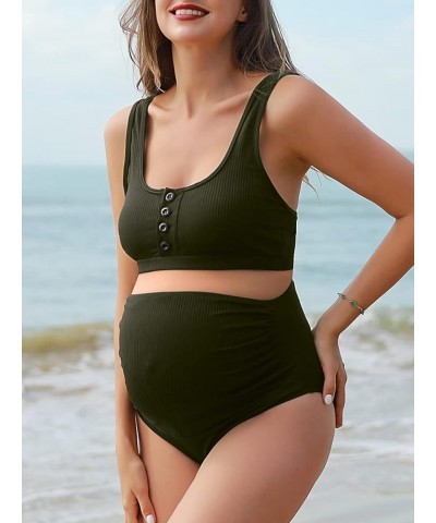 Maternity Ribbed High Waist Swimsuit Crop Top Bikini Bathing Suit High Cut Two Piece Pregnancy Swimwear Army Green $25.79 Swi...