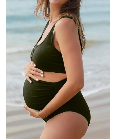 Maternity Ribbed High Waist Swimsuit Crop Top Bikini Bathing Suit High Cut Two Piece Pregnancy Swimwear Army Green $25.79 Swi...