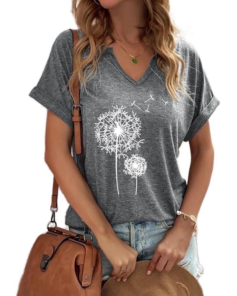 Plus Size Dandelion Print Graphic Tees for Women V Neck Short Sleeve Casual Loose Cotton Summer Tops T-Shirts Grey $13.63 T-S...