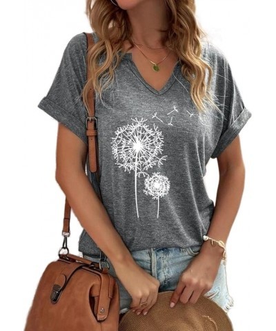 Plus Size Dandelion Print Graphic Tees for Women V Neck Short Sleeve Casual Loose Cotton Summer Tops T-Shirts Grey $13.63 T-S...