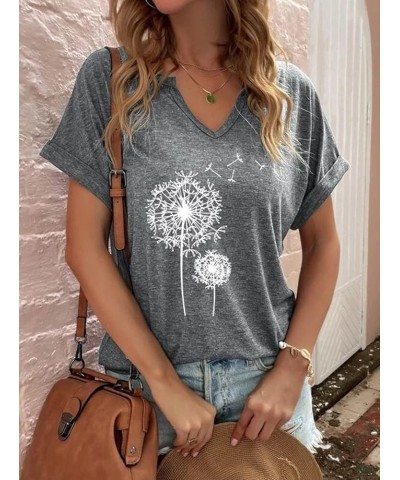 Plus Size Dandelion Print Graphic Tees for Women V Neck Short Sleeve Casual Loose Cotton Summer Tops T-Shirts Grey $13.63 T-S...