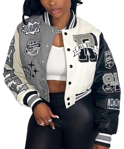 Womens Varsity Jacket Long Sleeve Button Down Cropped Bomber Jackets Casual Baseball Coat Y2K Streetwear Grey&white $19.14 Ja...