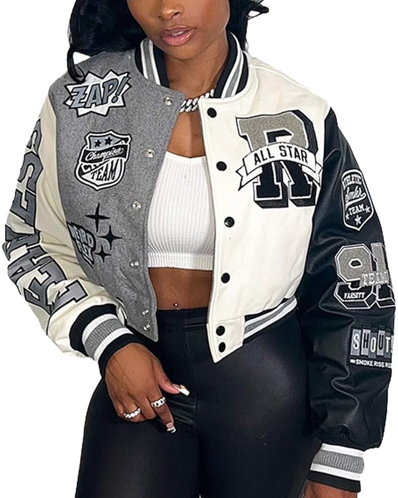 Womens Varsity Jacket Long Sleeve Button Down Cropped Bomber Jackets Casual Baseball Coat Y2K Streetwear Grey&white $19.14 Ja...