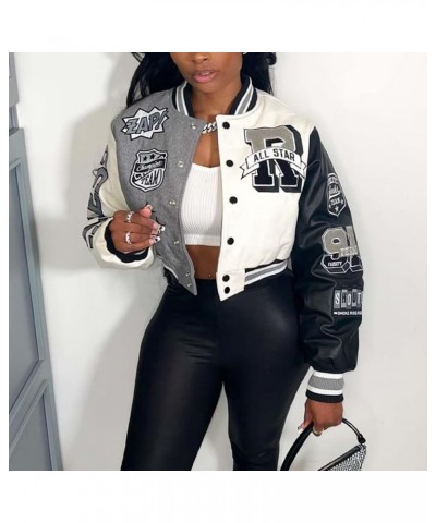 Womens Varsity Jacket Long Sleeve Button Down Cropped Bomber Jackets Casual Baseball Coat Y2K Streetwear Grey&white $19.14 Ja...