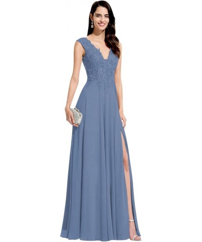 Lace Appliques Bridesmaid Dresses for Women V Neck A Line Chiffon Long Prom Dress with Slit SYYS017 Blue $38.99 Dresses