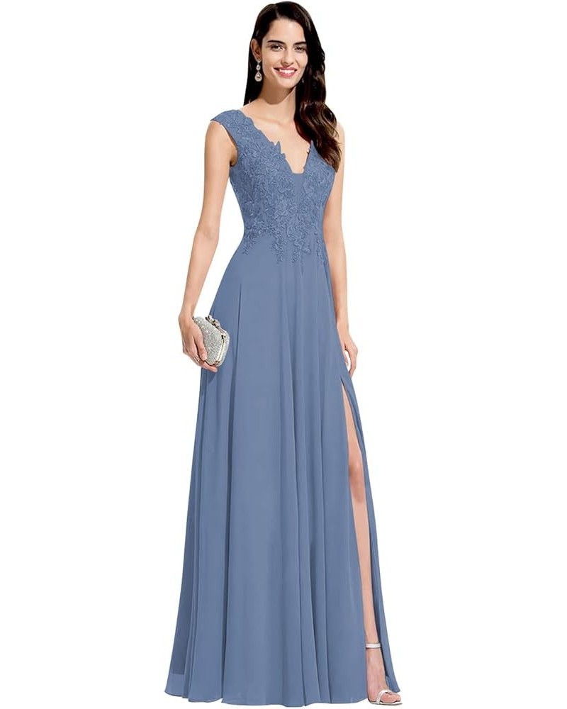 Lace Appliques Bridesmaid Dresses for Women V Neck A Line Chiffon Long Prom Dress with Slit SYYS017 Blue $38.99 Dresses