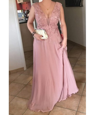 Lace Appliques Bridesmaid Dresses for Women V Neck A Line Chiffon Long Prom Dress with Slit SYYS017 Blue $38.99 Dresses