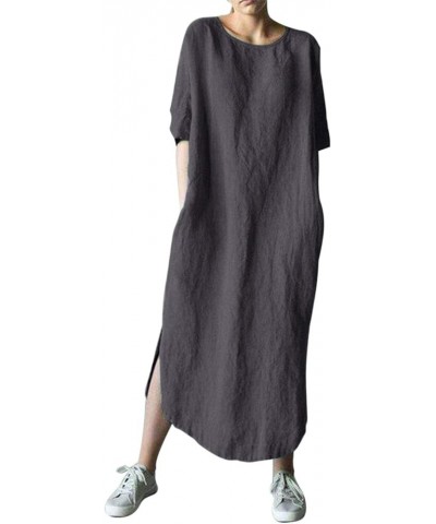 Women's Maxi Dress Solid Plus Size Loose Cotton Linen Long Dresses with Pockets Dark Grey $16.95 Dresses