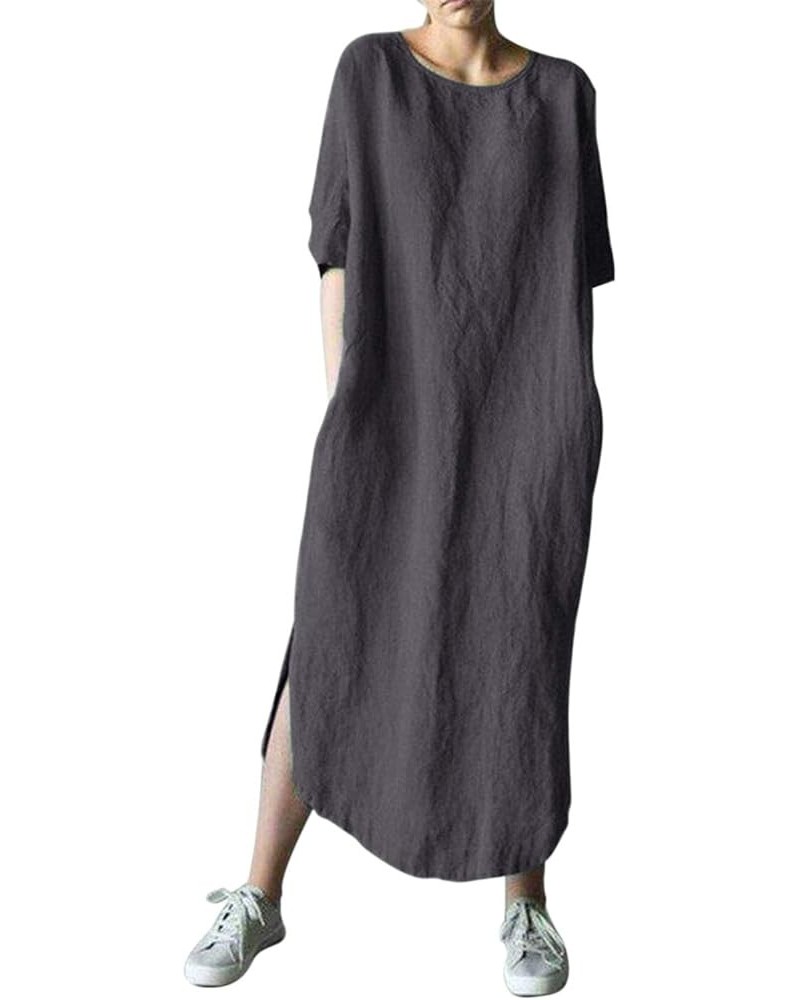 Women's Maxi Dress Solid Plus Size Loose Cotton Linen Long Dresses with Pockets Dark Grey $16.95 Dresses