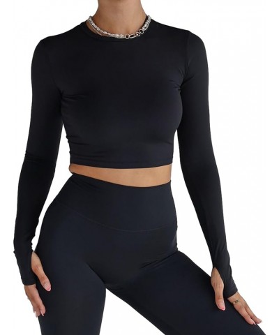 Women's Yoga Workout Long Sleeve Shirts Sports Gym Athletic Crop Tee Top Slim Fit Compression Shirts with Thumb Hole Black $6...