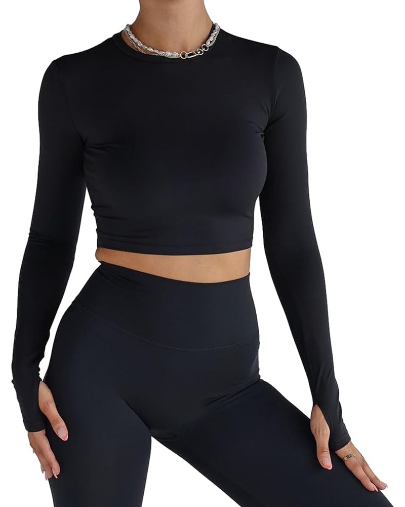 Women's Yoga Workout Long Sleeve Shirts Sports Gym Athletic Crop Tee Top Slim Fit Compression Shirts with Thumb Hole Black $6...