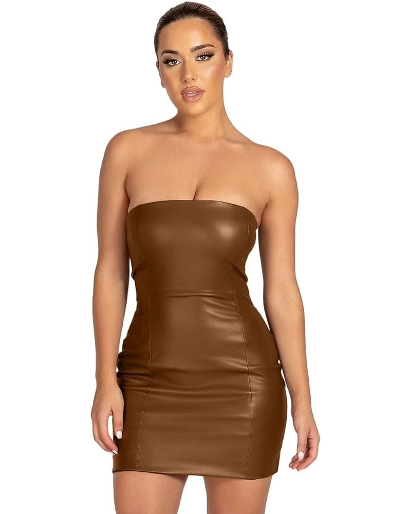 Women Strapless Tube Mini Dress Off Shoulder Bodycon Sexy Party Faux Leather Dress Caramel $17.48 Dresses