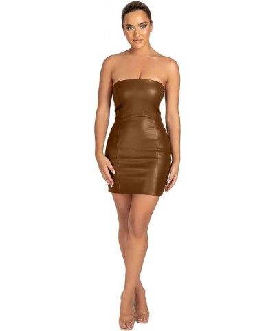 Women Strapless Tube Mini Dress Off Shoulder Bodycon Sexy Party Faux Leather Dress Caramel $17.48 Dresses