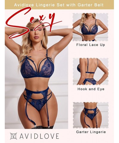 Women Lingerie Set Lace Teddy Strap Babydoll Bodysuit with Garter Belts Navy Blue $12.73 Lingerie