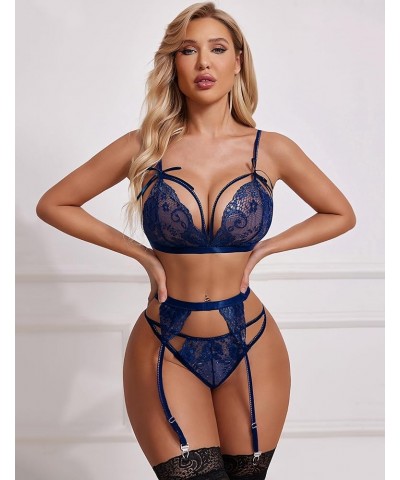 Women Lingerie Set Lace Teddy Strap Babydoll Bodysuit with Garter Belts Navy Blue $12.73 Lingerie