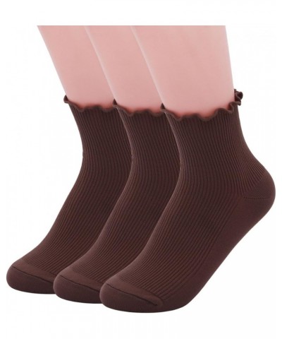 Women Socks, Women Ankle Socks, Lovely double needle solid color Lace edge relent lady socks 3 Pairs-coffee $9.71 Activewear