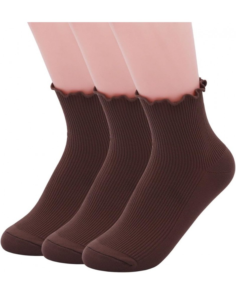 Women Socks, Women Ankle Socks, Lovely double needle solid color Lace edge relent lady socks 3 Pairs-coffee $9.71 Activewear