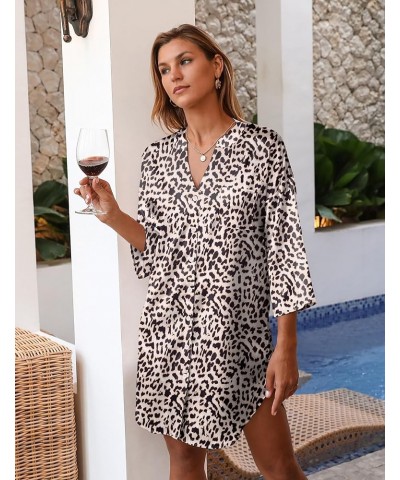 Satin Nightgowns for Women Silk Sleepwear Button Down Sleepshirt 3/4 Sleeve V-Neck Nightshirts with Pockets Pat3-brown Leopar...