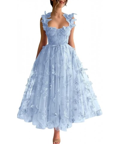 3D Butterfly Tulle Prom Dresses Tea Length Lace Appliques Embroidery A Line Formal Evening Party Gowns with Pockets Sky Blue ...