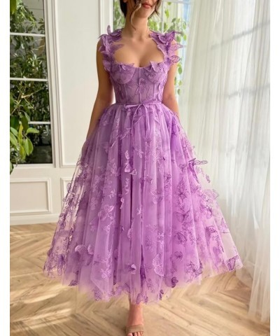 3D Butterfly Tulle Prom Dresses Tea Length Lace Appliques Embroidery A Line Formal Evening Party Gowns with Pockets Sky Blue ...