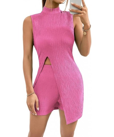 Women's 2 Piece Outfits Mock Neck Split Hem Vacation Set Tank Top and Bodycon Shorts Sets Hot Pink $18.55 Jumpsuits