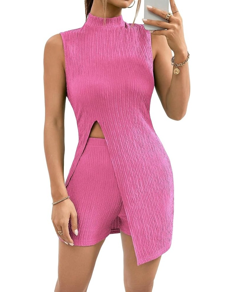 Women's 2 Piece Outfits Mock Neck Split Hem Vacation Set Tank Top and Bodycon Shorts Sets Hot Pink $18.55 Jumpsuits