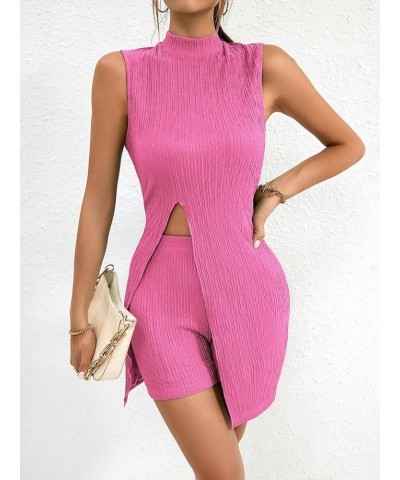 Women's 2 Piece Outfits Mock Neck Split Hem Vacation Set Tank Top and Bodycon Shorts Sets Hot Pink $18.55 Jumpsuits