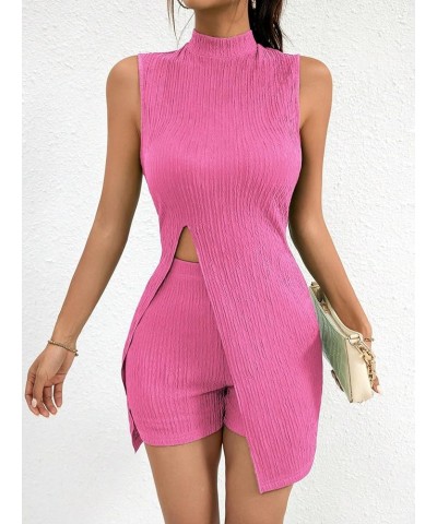 Women's 2 Piece Outfits Mock Neck Split Hem Vacation Set Tank Top and Bodycon Shorts Sets Hot Pink $18.55 Jumpsuits