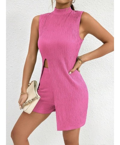 Women's 2 Piece Outfits Mock Neck Split Hem Vacation Set Tank Top and Bodycon Shorts Sets Hot Pink $18.55 Jumpsuits