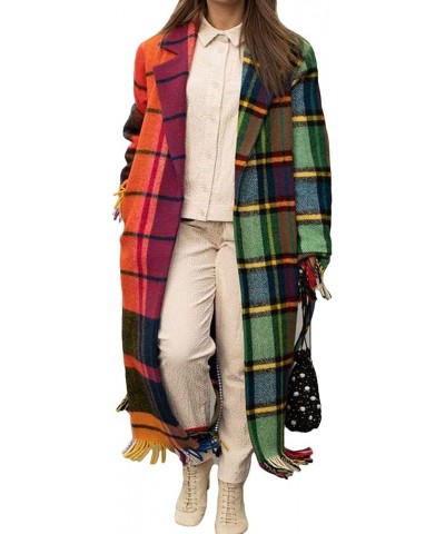 Women's Lightweight Notched Collar Tassel Fringe Hem Plaid Mid Long Pea Coat Overcoat Plaid $26.87 Coats