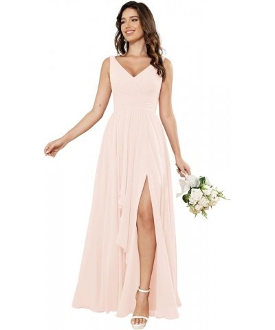 Women's V-Neck Bridesmaid Dresses with Slit Long Chiffon Ruffle Formal Party Dresses with Pleated XOD110 Pink $31.20 Dresses