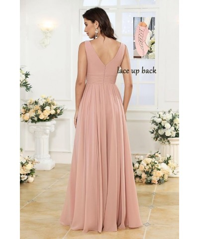 Women's V-Neck Bridesmaid Dresses with Slit Long Chiffon Ruffle Formal Party Dresses with Pleated XOD110 Pink $31.20 Dresses