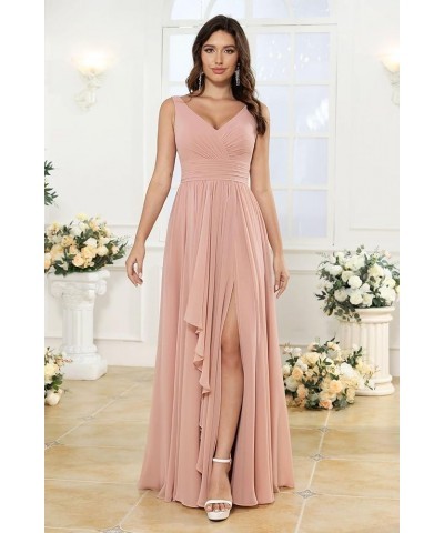 Women's V-Neck Bridesmaid Dresses with Slit Long Chiffon Ruffle Formal Party Dresses with Pleated XOD110 Pink $31.20 Dresses