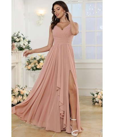 Women's V-Neck Bridesmaid Dresses with Slit Long Chiffon Ruffle Formal Party Dresses with Pleated XOD110 Pink $31.20 Dresses