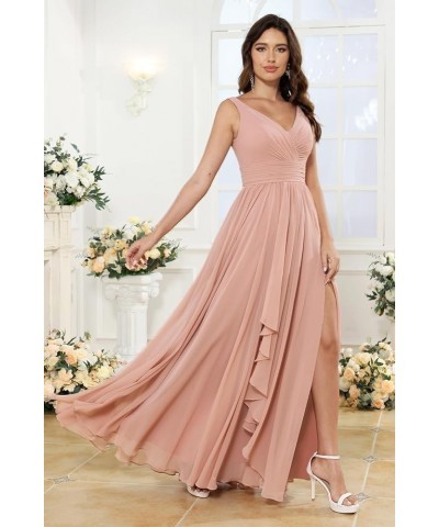 Women's V-Neck Bridesmaid Dresses with Slit Long Chiffon Ruffle Formal Party Dresses with Pleated XOD110 Pink $31.20 Dresses