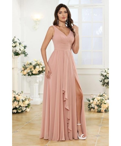 Women's V-Neck Bridesmaid Dresses with Slit Long Chiffon Ruffle Formal Party Dresses with Pleated XOD110 Pink $31.20 Dresses