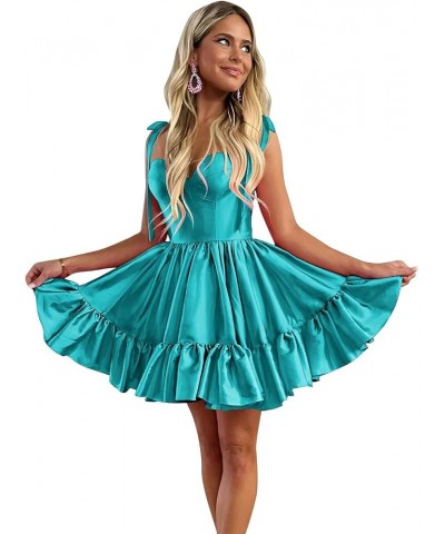 Short Homecoming Dresses for Teens Ruffles Hem Short Prom Dress A Line Satin Cocktail Gown Turquoise $29.39 Dresses