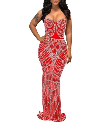 Women's Sexy Elegant Rhinestone Bodycon Dress Party Club Night Outfit Hot Drilling Clubwear C Red $25.18 Dresses