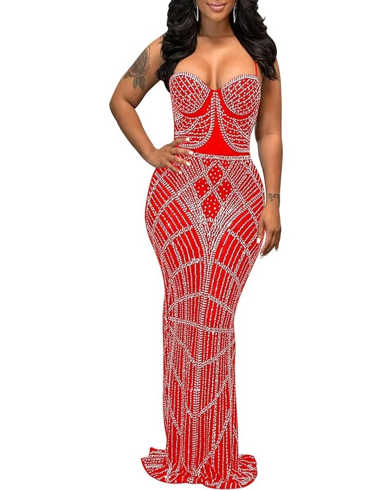 Women's Sexy Elegant Rhinestone Bodycon Dress Party Club Night Outfit Hot Drilling Clubwear C Red $25.18 Dresses