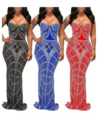 Women's Sexy Elegant Rhinestone Bodycon Dress Party Club Night Outfit Hot Drilling Clubwear C Red $25.18 Dresses