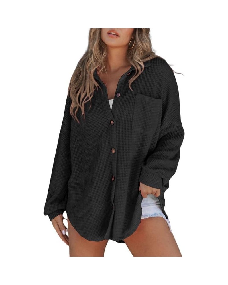 Women's Waffle Knit Button Down Shirts Casual Long Sleeve Shacket Jacket Boyfriend Tops Blouses Loose Fit A Black $18.62 Blouses