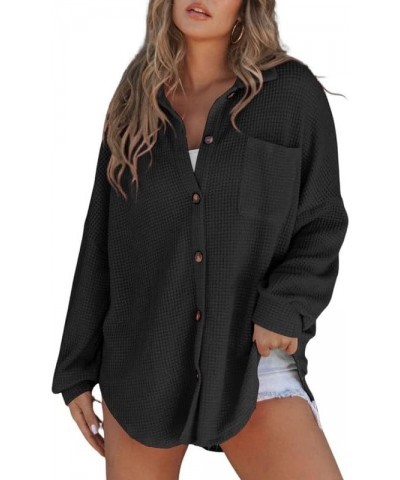 Women's Waffle Knit Button Down Shirts Casual Long Sleeve Shacket Jacket Boyfriend Tops Blouses Loose Fit A Black $18.62 Blouses